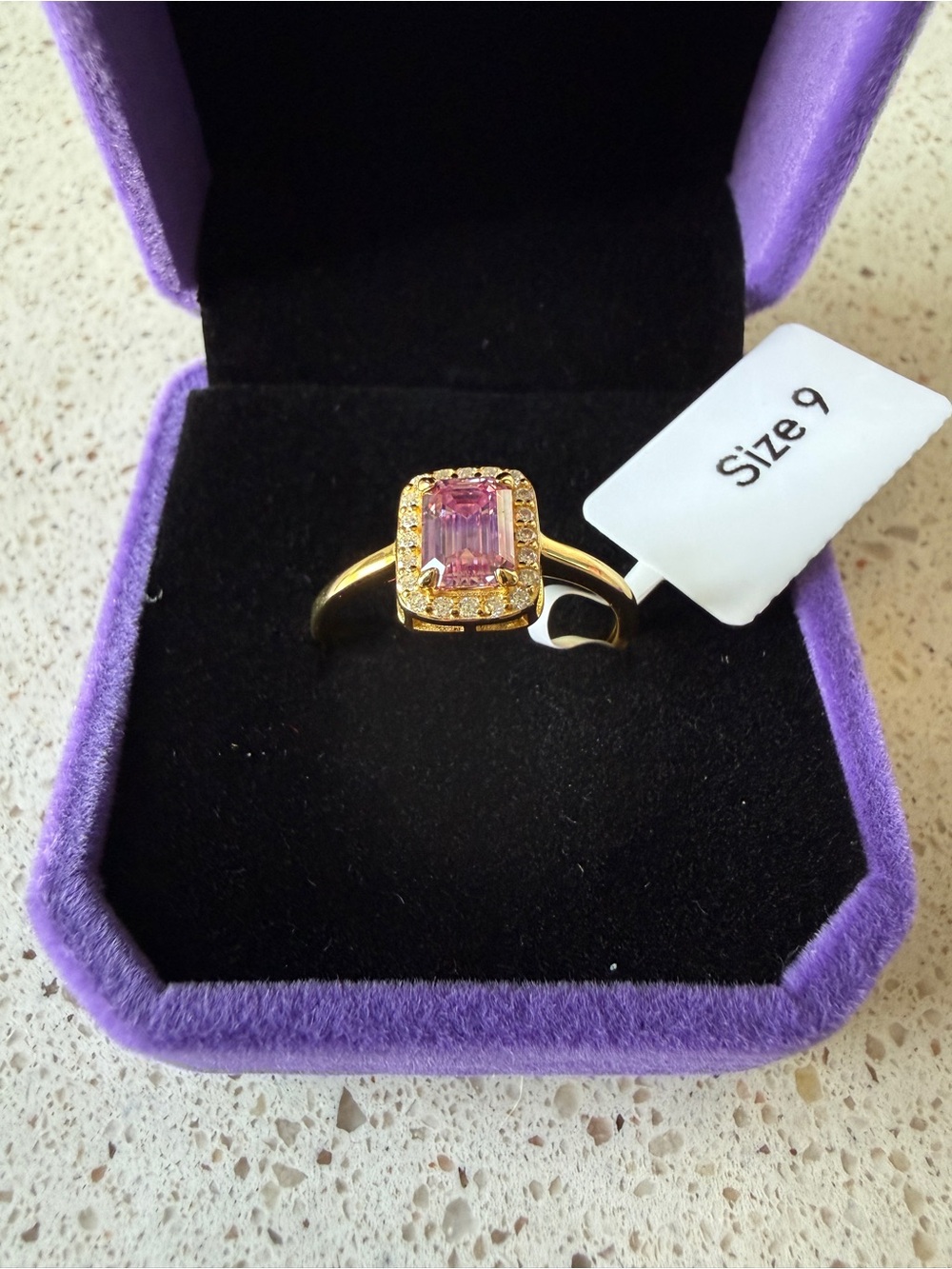 Gold-tone Ring with Pink Morganite Center Stone and Halo